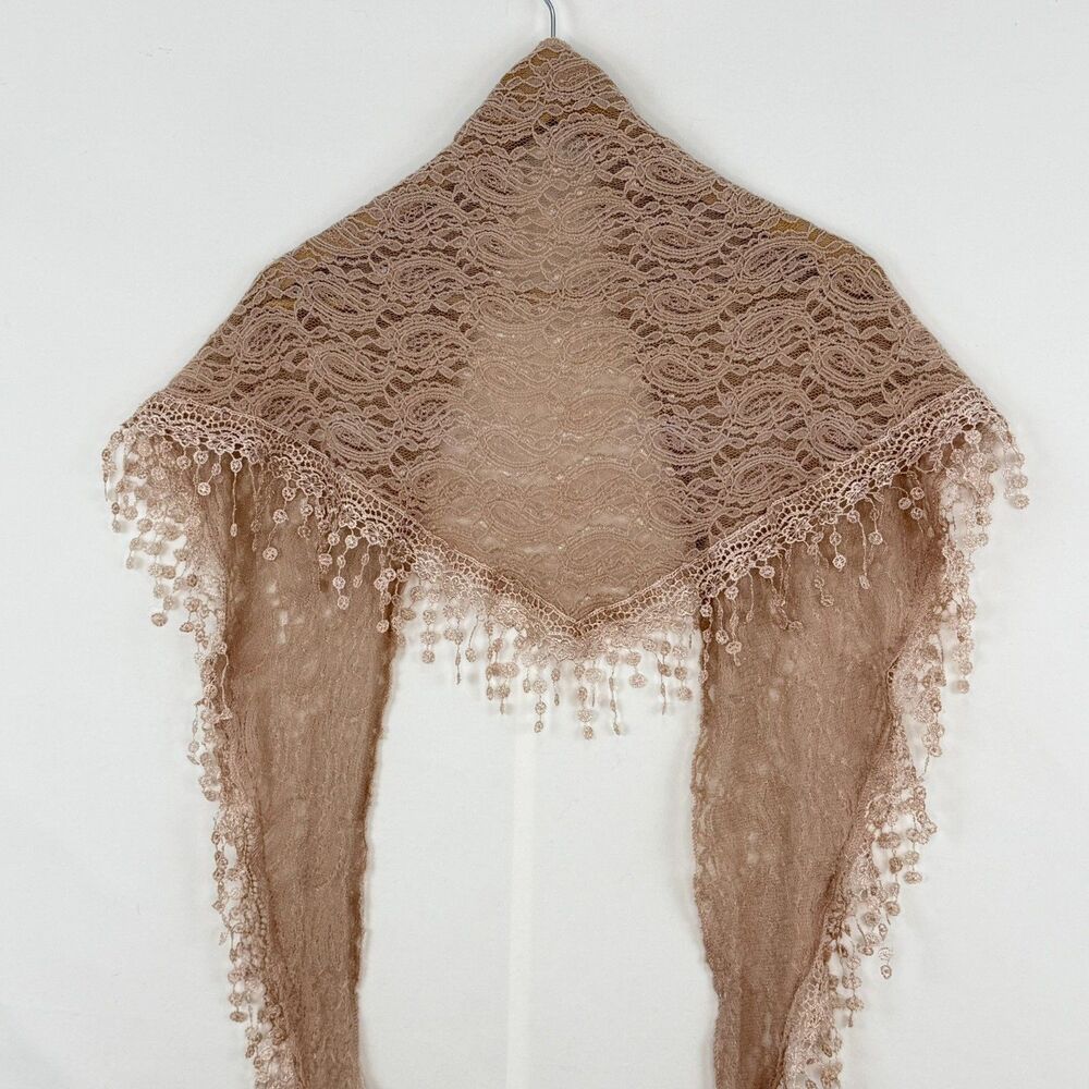 Women’s Pink Lace Triangle Shawl or Mantilla with Fringe Trim 64” X 18” - Picture 4 of 13